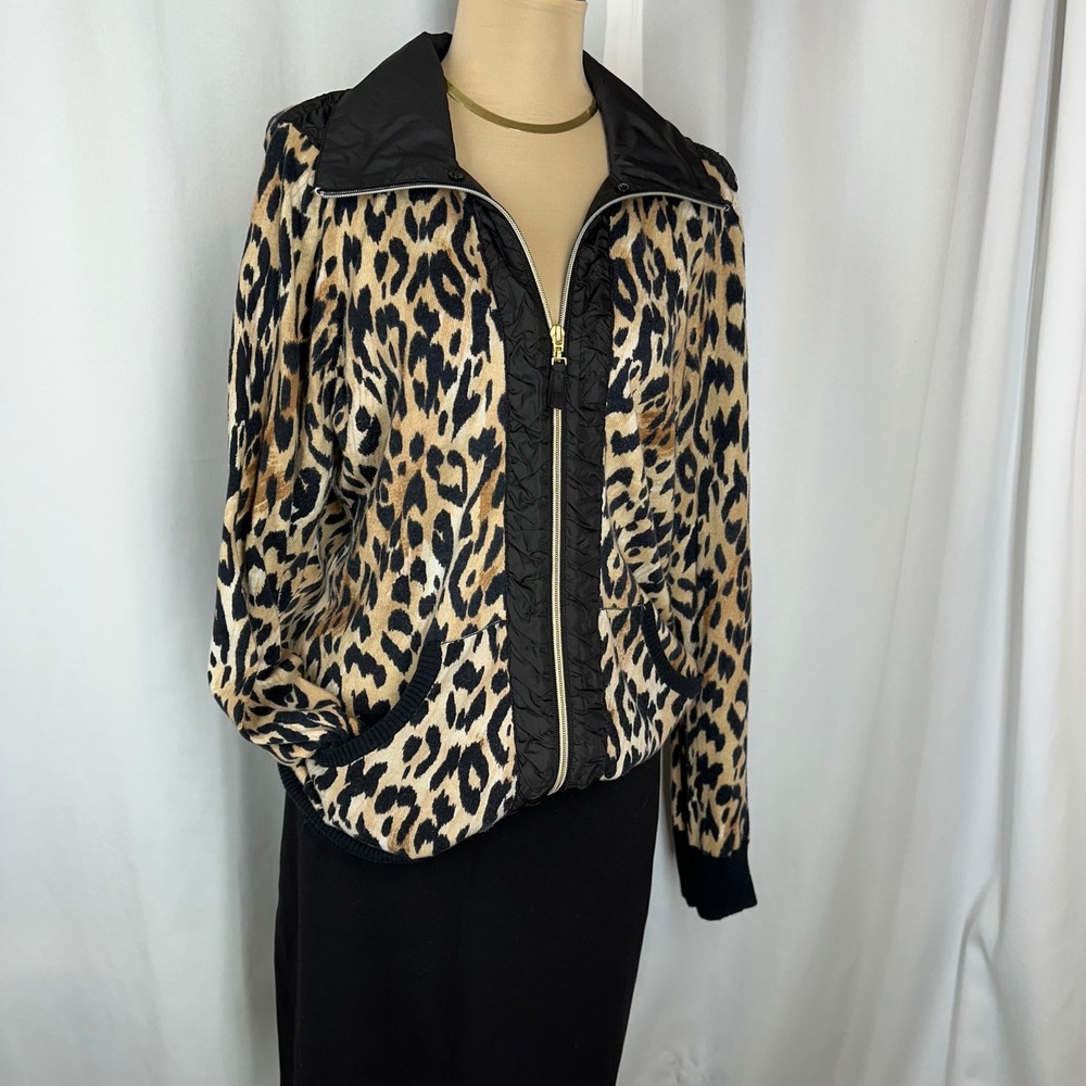 Zenergy Chico's Leopard‎ Print Zip Jacket Size 2 L/12 Ruffle Collar